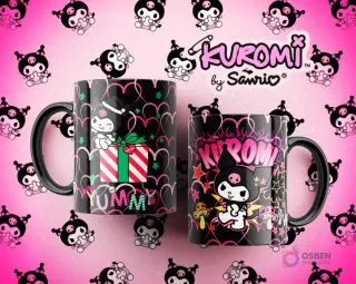 Tazas Kuromi negras con diseños contrastantes: una con Kuromi sosteniendo un regalo navideño y otra con Kuromi estilo punk con fuego y hongos.