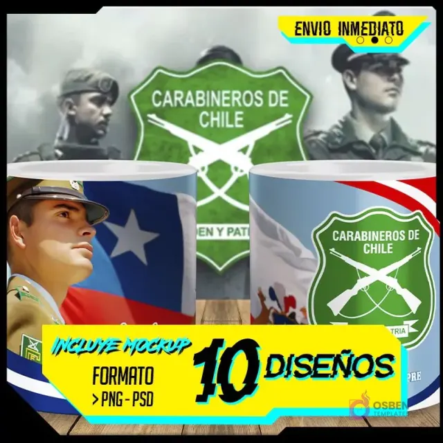 Plantillas para sublimación de tazas con diseños para el Día del Carabinero de Chile, mostrando 10 opciones diferentes, formatos PNG y PSD, y entrega inmediata.