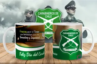 Tazas de sublimación con diseño del Día del Carabinero agradeciendo su labor por bienestar y seguridad, junto al escudo oficial de Carabineros de Chile.