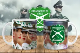 Diseño de taza para sublimar con imagen de Carabineras de Chile y el escudo institucional, celebrando el Día del Carabinero.