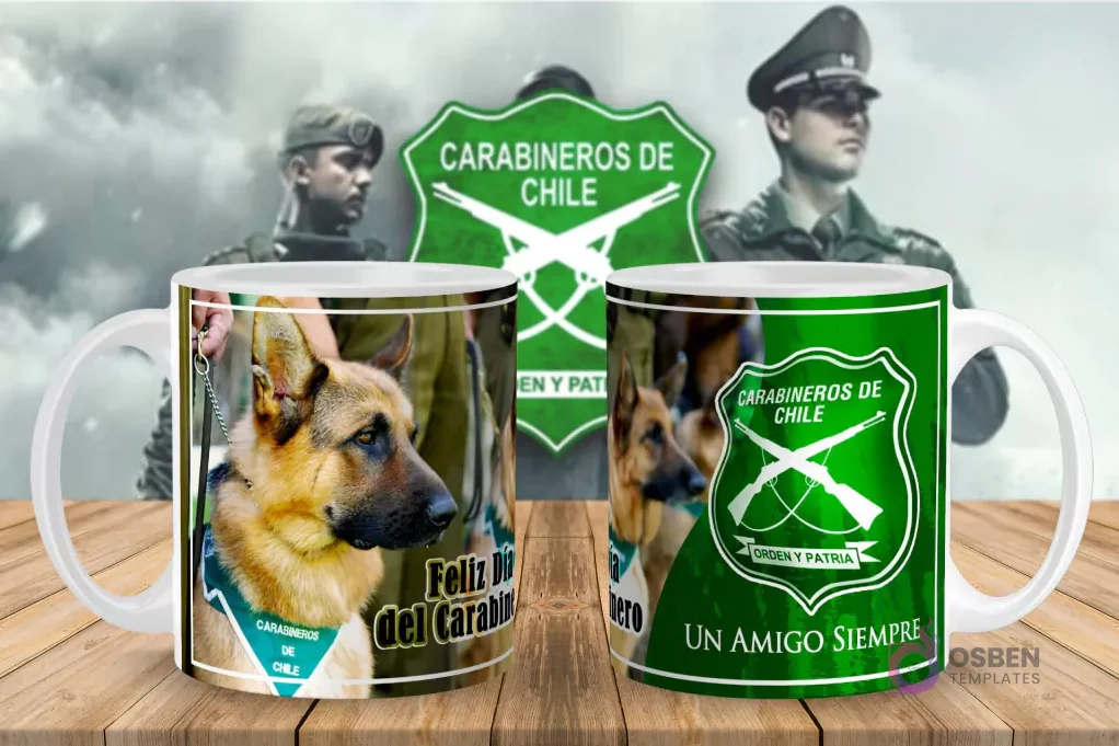 Taza personalizada para sublimación con perro Carabinero y el escudo de Carabineros de Chile, ideal para el Día del Carabinero.
