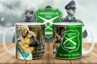 Taza personalizada para sublimación con perro Carabinero y el escudo de Carabineros de Chile, ideal para el Día del Carabinero.