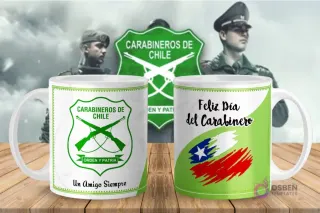 Diseño de taza para el Día del Carabinero con la bandera de Chile en colores verde y rojo, acompañado del escudo de la institución.