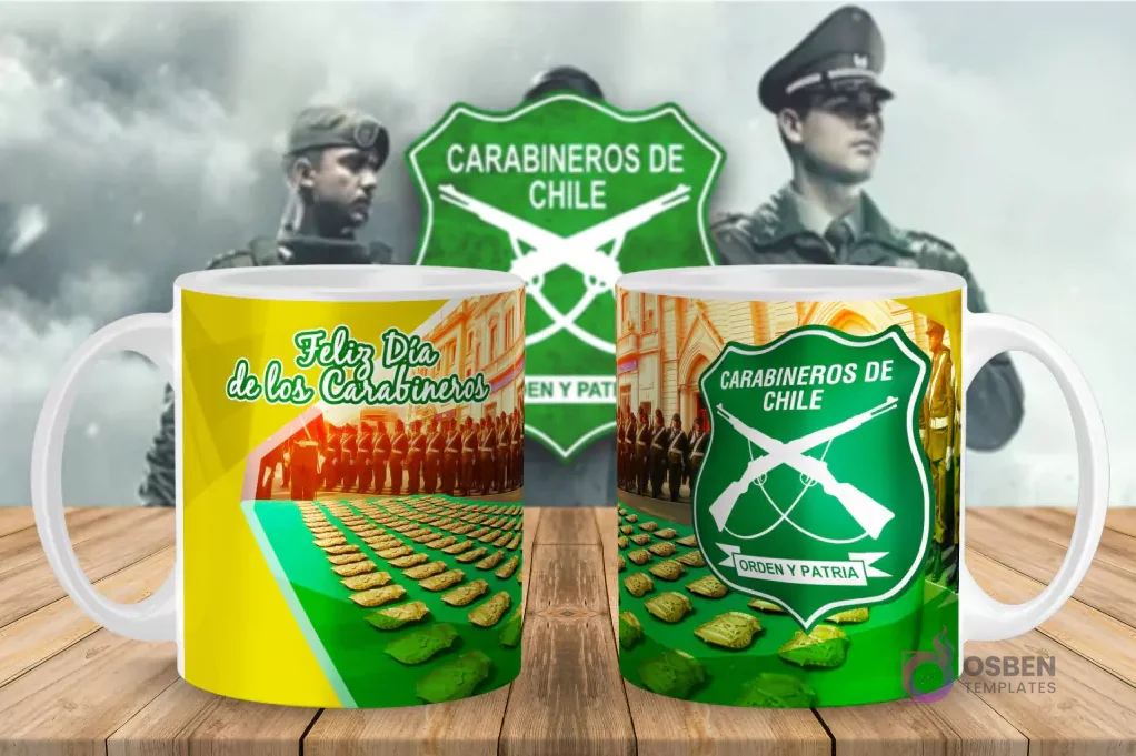 Diseño de taza de sublimación con imagen de Carabineros en formación y el escudo institucional, celebrando su día.