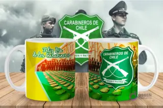 Diseño de taza de sublimación con imagen de Carabineros en formación y el escudo institucional, celebrando su día.
