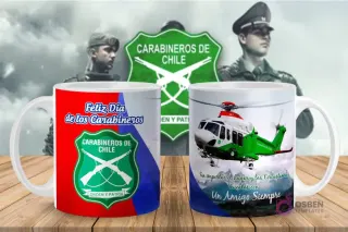 Taza con diseño de helicóptero de Carabineros de Chile y mensaje 'Un Amigo Siempre', junto al escudo institucional.