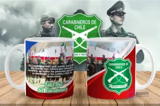 Taza sublimable con Carabineros a caballo y mensaje inspirador, mostrando el escudo de la institución.