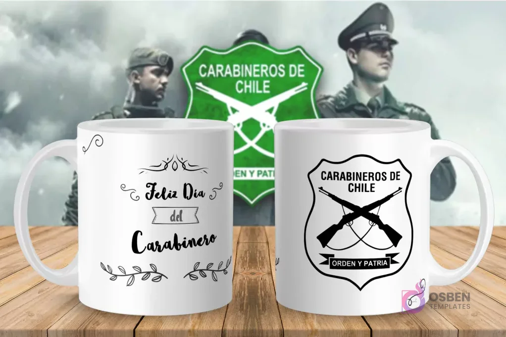 Taza para sublimar con diseño minimalista 'Feliz Día del Carabinero' en marco floral y el escudo en blanco y negro.