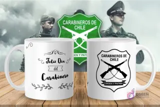 Taza para sublimar con diseño minimalista 'Feliz Día del Carabinero' en marco floral y el escudo en blanco y negro.