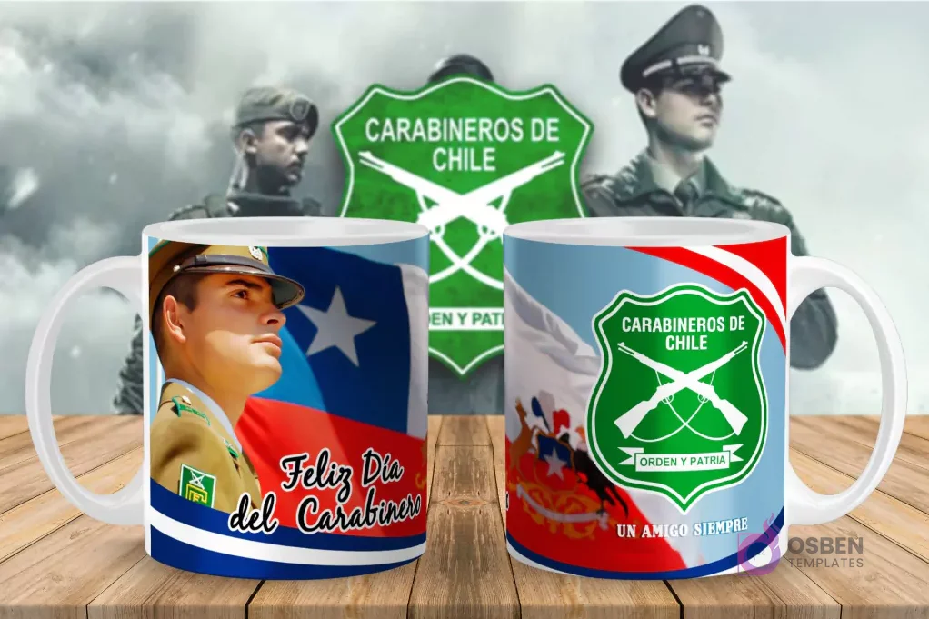 Taza con Carabinero sonriente y bandera de Chile, junto al escudo institucional, para celebrar el Día del Carabinero.