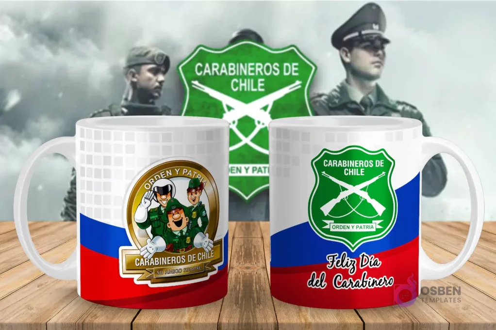 Taza con diseños de Carabineros de Chile en formato caricatura y el escudo institucional, ideal para niños o un toque divertido.