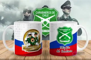 Taza con diseños de Carabineros de Chile en formato caricatura y el escudo institucional, ideal para niños o un toque divertido.