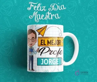 Taza sublimada para profesor con diseño de personaje masculino, texto 'El Mejor Profe Jorge' y elementos de medición escolar. Con mango blanco.