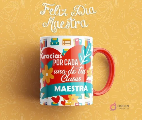 Taza sublimada con corazón rojo, flores y el mensaje 'Gracias Por cada una de tus Clases MAESTRA'. Con mango rojo.