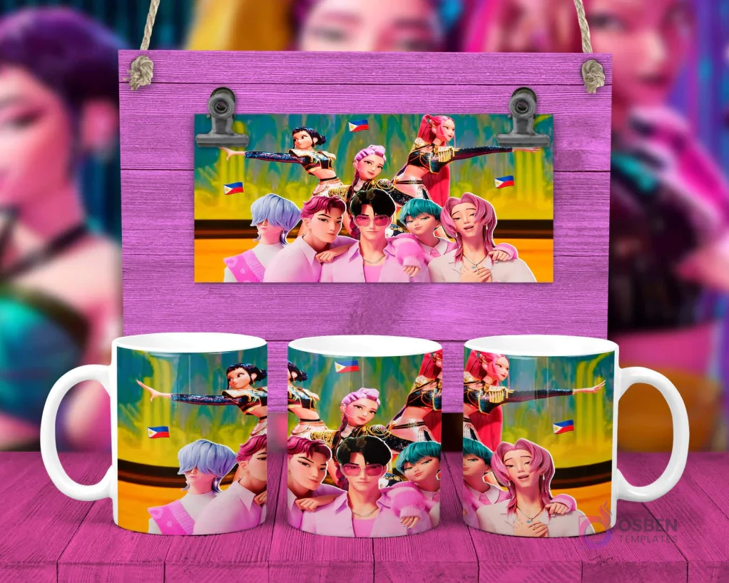 Taza sublimada con diseño de grupo de personajes KPOP Demon Hunters posando en fondo colorido con banderas