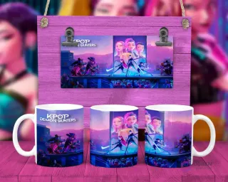 Taza sublimada con personajes KPOP Demon Hunters en el escenario, listos para la batalla