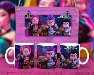 Taza sublimada con tres personajes femeninos KPOP Demon Hunters comiendo ramen