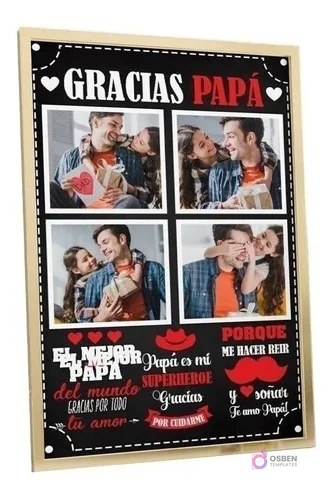 Mockup de cuadro del Día del Padre estilo pizarra con mensaje 'Gracias Papá' y cuatro fotos familiares enmarcadas, con frases emotivas escritas en tiza.