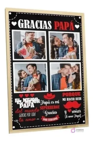 Mockup de cuadro del Día del Padre estilo pizarra con mensaje 'Gracias Papá' y cuatro fotos familiares enmarcadas, con frases emotivas escritas en tiza.