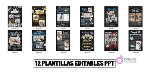 Muestrario de las 12 plantillas editables PPT del kit imprimible Día del Padre, mostrando la variedad de diseños estilo pizarra disponibles.