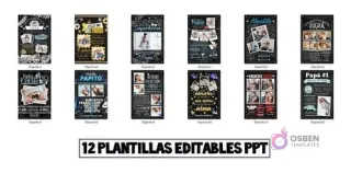 Muestrario de las 12 plantillas editables PPT del kit imprimible Día del Padre, mostrando la variedad de diseños estilo pizarra disponibles.