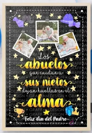 Plantilla editable PPT Día del Padre estilo pizarra con mensaje 'Los abuelos que cuidan a sus nietos dejan huellas en el alma' y fotos de abuelo con niños.