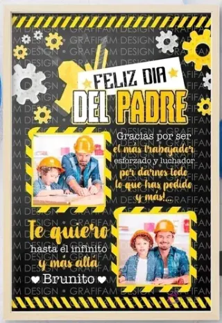 Plantilla editable PPT Día del Padre estilo pizarra con temática de construcción, mensaje 'Feliz Día del Padre' y foto de padre e hijo con cascos, reconociendo al padre trabajador.