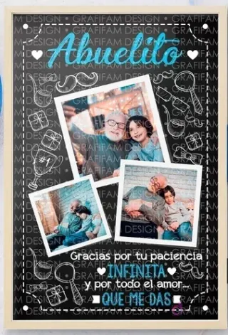 Plantilla editable PPT Día del Padre estilo pizarra con mensaje 'Abuelito' y fotos de abuelo con nietos, resaltando la paciencia y el amor.