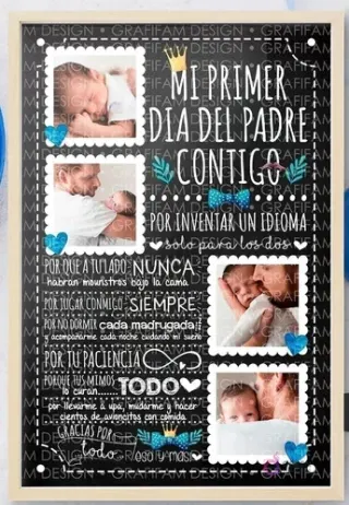 Plantilla editable PPT Día del Padre estilo pizarra con mensaje 'Mi Primer Día del Padre Contigo' y fotos de padre con bebé, con frases que describen las primeras experiencias.