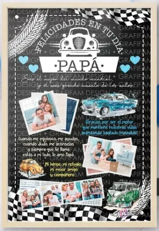 Plantilla editable PPT Día del Padre estilo pizarra con temática de autos clásicos, mensaje 'Felicidades en tu día Papá' y fotos familiares, ideal para padres amantes de los coches.