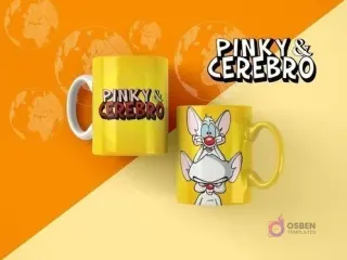 Par de tazas amarillas de sublimación con diseños de Pinky y Cerebro, con los personajes y el logo