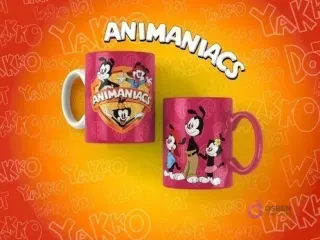 Par de tazas magenta de sublimación con diseños de Animaniacs, mostrando a Yakko, Wakko y Dot