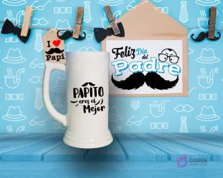 Shoperos blanco con diseño de sublimación 'Papito eres el Mejor' en negro con un pequeño bigote, sobre un fondo con temática de Día del Padre.