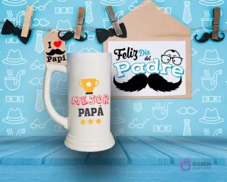 Shoperos blanco con diseño de sublimación 'MEJOR PAPÁ' en rojo y naranja con un trofeo dorado y tres estrellas, sobre fondo azul decorativo.