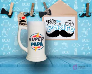 Shoperos blanco con diseño de sublimación 'SUPER PAPÁ' en azul y rojo con un rayo amarillo, sobre fondo azul con accesorios masculinos.