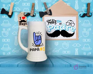 Shoperos blanco con diseño de sublimación 'PAPÁ #1' en colores azul, amarillo y negro con una mano haciendo el signo de 'número uno', sobre fondo del Día del Padre.