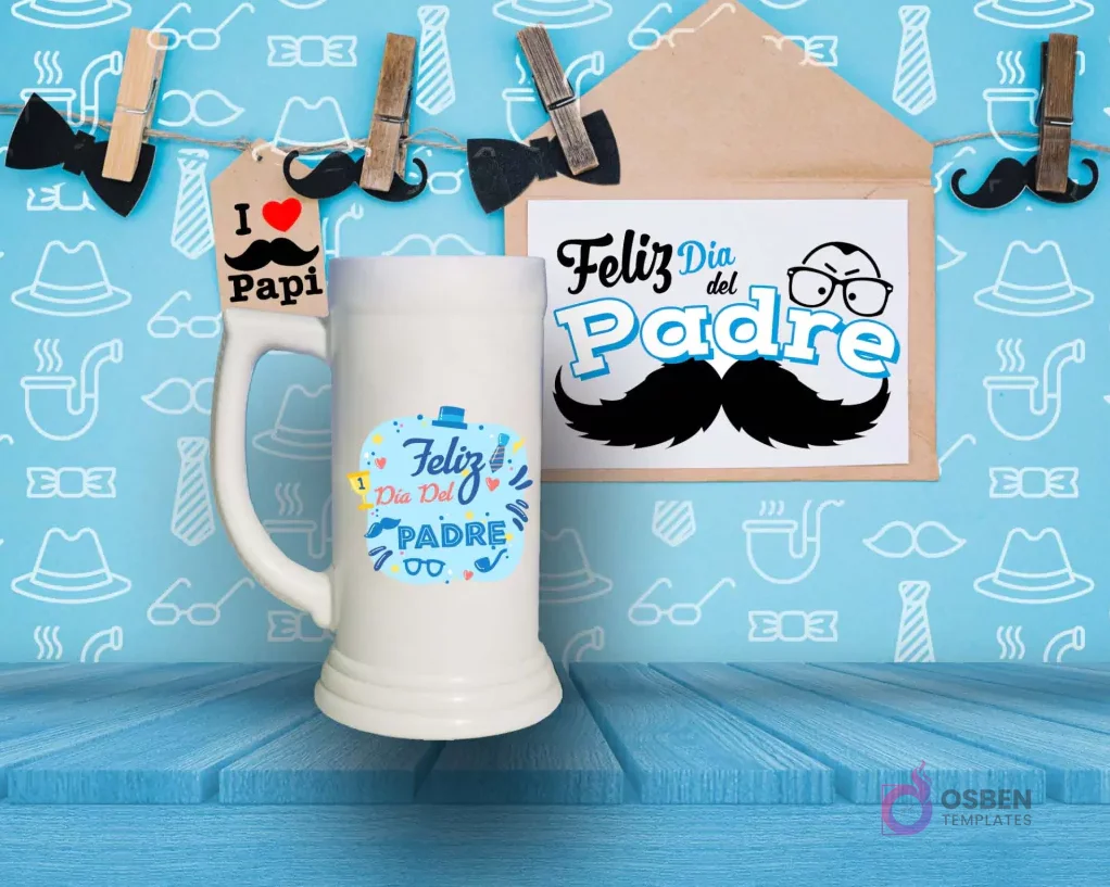 Shoperos blanco con diseño de sublimación circular 'Feliz Día del Padre' con pequeños íconos de bigotes, gafas y corbatas, sobre fondo azul de patrones masculinos.