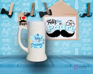 Shoperos blanco con diseño de sublimación circular 'Feliz Día del Padre' con pequeños íconos de bigotes, gafas y corbatas, sobre fondo azul de patrones masculinos.