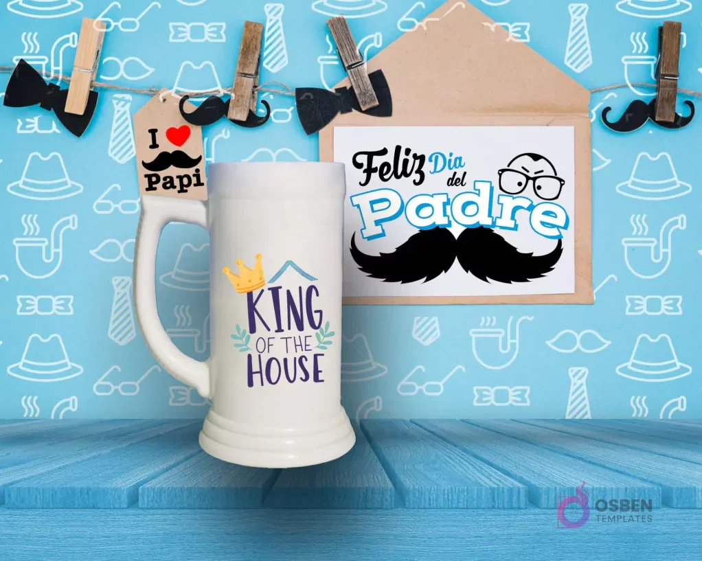 Shoperos blanco con diseño de sublimación 'KING OF THE HOUSE' en azul y morado con una corona dorada, sobre fondo azul con temática del Día del Padre.