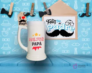 Shoperos blanco con diseño de sublimación 'MEJOR PAPÁ' en rojo y amarillo con tres estrellas y detalles geométricos, sobre fondo azul con motivos de bigotes y pipas.
