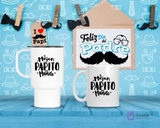 Taza de viaje y taza estándar blancas con diseño 'El Mejor Papito del Mundo' en negro con detalles, sobre fondo azul con temática del Día del Padre.