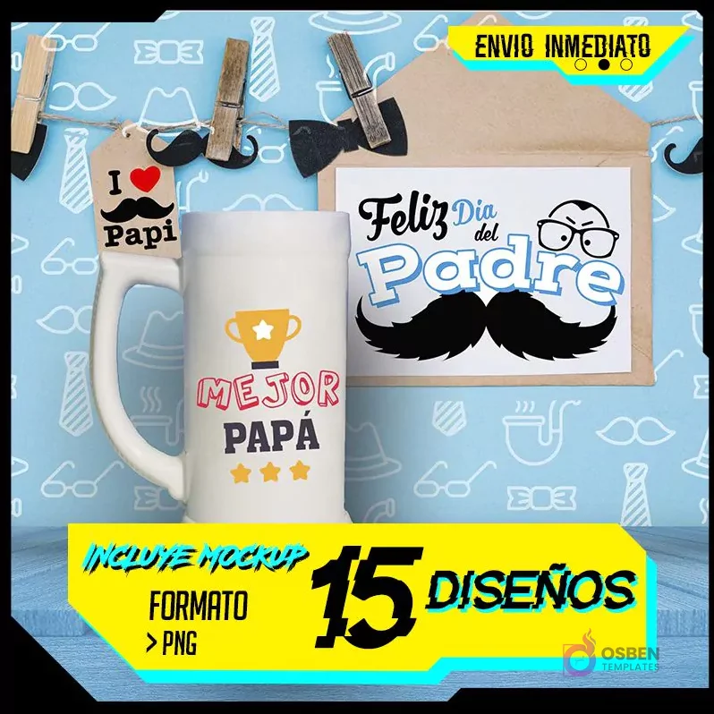 Banner promocional con un shoperos blanco sublimado con 'MEJOR PAPÁ', una tarjeta 'Feliz Día del Padre' y texto '15 DISEÑOS, FORMATO PNG, INCLUYE MOCKUP, ENVÍO INMEDIATO' sobre fondo azul de patrones y madera.