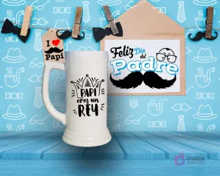 Shoperos blanco con diseño de sublimación 'PAPI eres un REY' en negro con una corona, sobre fondo azul con temática del Día del Padre.