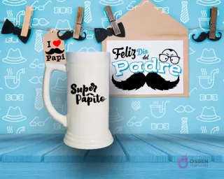Shoperos blanco con diseño de sublimación 'Super Papito' en caligrafía negra, sobre fondo azul decorado con motivos masculinos.