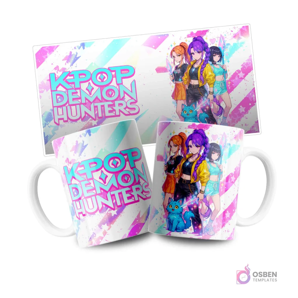 Tazas de sublimación con diseño KPOP Demon Hunter Huntrix. Dos tazas blancas exhiben un grupo de chicas estilo anime y el logo 'KPOP DEMON HUNTERS'. La plantilla rectangular del diseño también se muestra, con un fondo degradado de colores pastel y patrones geométricos.