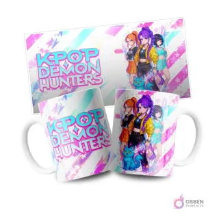 Tazas de sublimación con diseño KPOP Demon Hunter Huntrix. Dos tazas blancas exhiben un grupo de chicas estilo anime y el logo 'KPOP DEMON HUNTERS'. La plantilla rectangular del diseño también se muestra, con un fondo degradado de colores pastel y patrones geométricos.