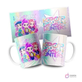 Muestra de tazas sublimadas con diseños KPOP Huntrix Demon Hunter estilo chibi. Dos tazas blancas con ilustraciones de un grupo de chicas anime chibi y el logo 'HUNTRIX'. Arriba, la plantilla del diseño en formato rectangular, mostrando los mismos personajes y colores vibrantes.