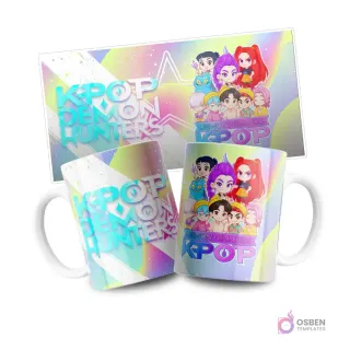 Vista frontal de dos tazas blancas con arte de KPOP Demon Hunters. Las tazas presentan múltiples personajes femeninos de estilo anime chibi, algunos con sombreros, junto al logo 'KPOP DEMON HUNTERS'. La plantilla de diseño rectangular se muestra en la parte superior, con fondos coloridos y patrones dinámicos.