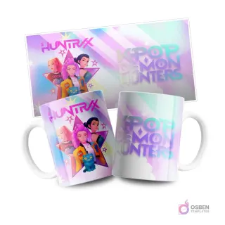 Exhibición de tazas personalizadas con diseño Huntrix KPOP Demon Hunter. Dos tazas blancas con un grupo de tres chicas estilo anime y un gato azul, además del logo 'HUNTRIX'. La plantilla del diseño se encuentra arriba, con fondos que combinan estrellas y salpicaduras de colores pastel y neón.