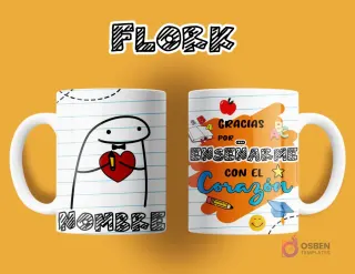 Taza de sublimación Flork para maestro. Anverso: Flork con moño y corazón rojo, espacio para nombre. Reverso: 'GRACIAS POR ENSEÑARME CON EL Corazón', con útiles escolares.